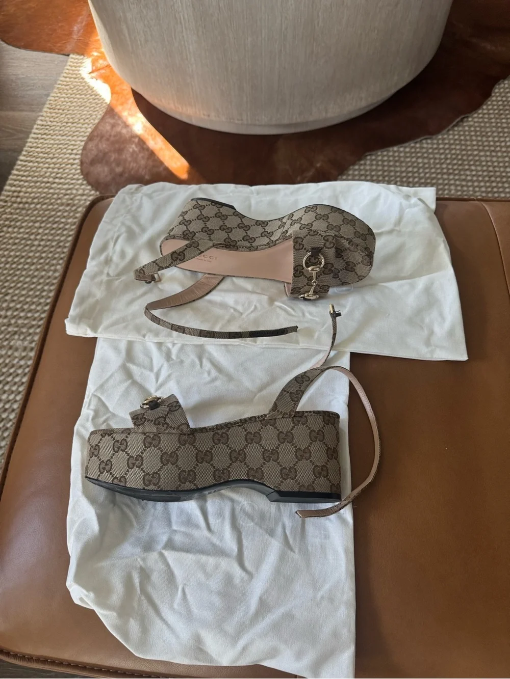 Gucci Tan Monogram Platform Slingback Sandals with Gold Horsebit